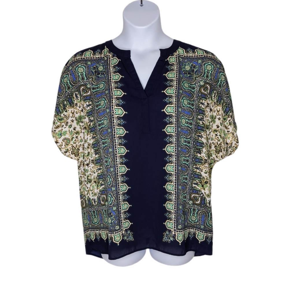 Rose & Olive 1X Navy Boho Print Top Blouse